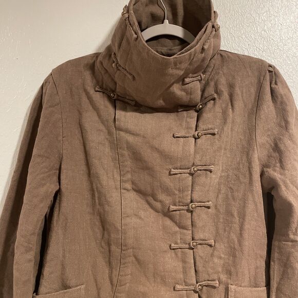Unique Tan Linen Jacket Coat Asymetric Frog Closure Lagenlook Vintage M/L - Picture 3 of 12